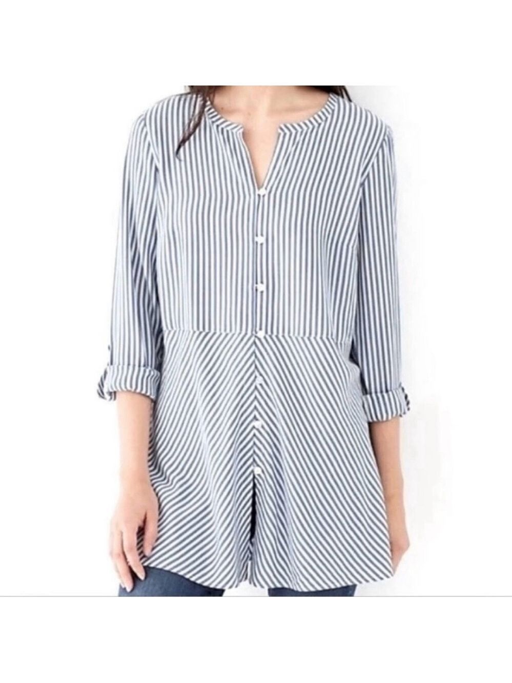J. Jill Striped Button Front Tunic V-neck Roll Tab Sleeve Women XL White